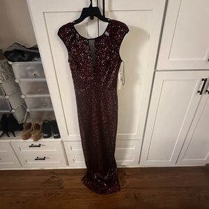 Nicole Miller Floor Length Dress Red and Black Sequin and mesh cutout cap sleeve